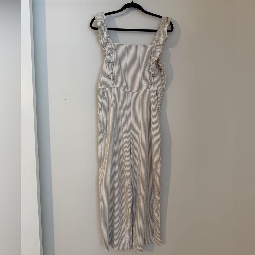 GAP tan and white Pinstripe Ruffle Strap Jumpsuit